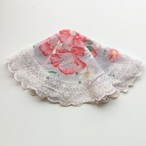 Vintage Floral Oval Handkerchief, Pink & White Poppies, Daisies Scalloped Edge
